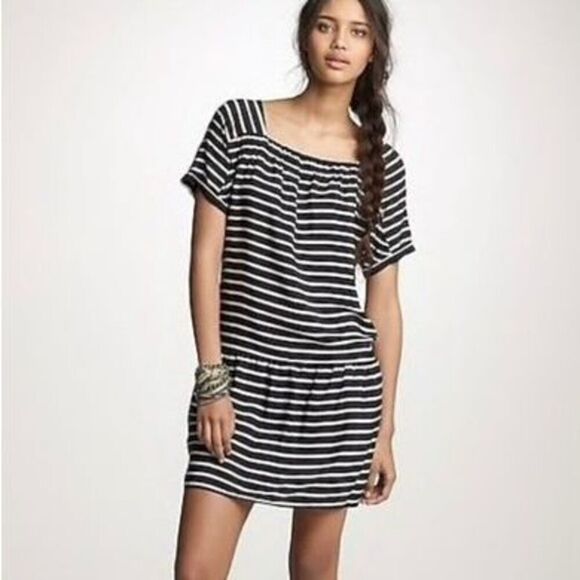 J.Crew 100% Silk Marin Sailor Mini Dress Nautical Stripe Lightweight Short Sleev - Picture 1 of 12